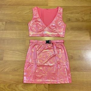 Pink Trippy Holographic Buckle Festival Skirt Set
